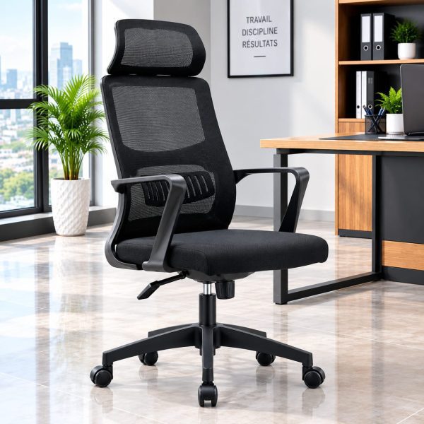 Fauteuil de direction ergonomique avec appui-tête – Maille noire