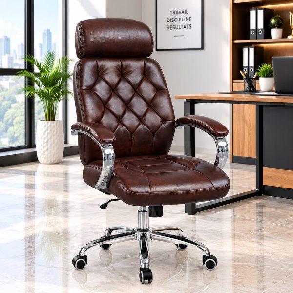 Fauteuil de direction capitonné – Marron – Finition chromée