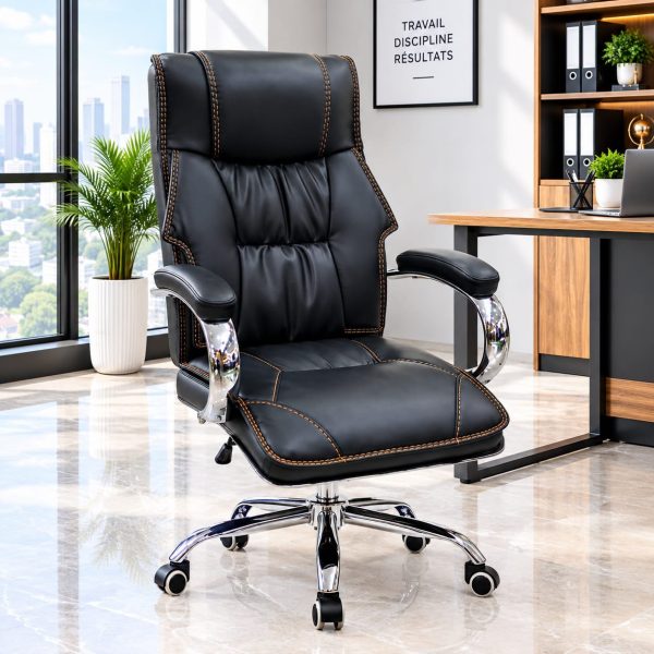 Fauteuil de direction capitonné – Noir – Finition chromée