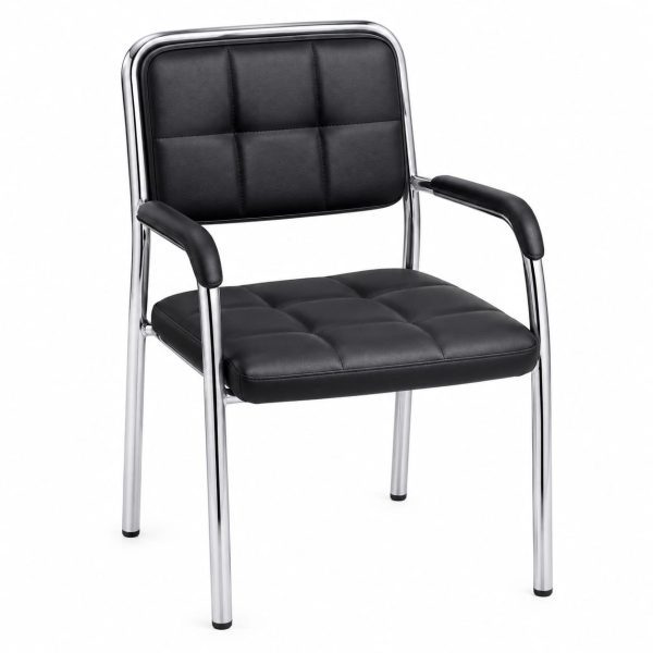 Chaise visiteur rembourrée noire – Structure métallique chromée