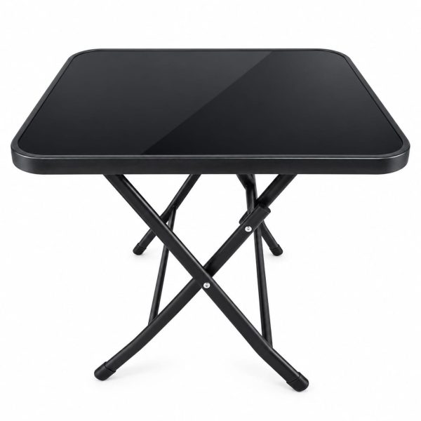 Table carrée pliante en verre trempé noir + 4 chaises pliantes