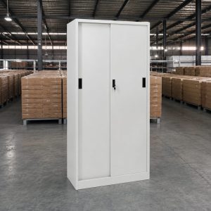 Armoire de bureau métallique 180 cm – 2 portes coulissantes – Gris clair