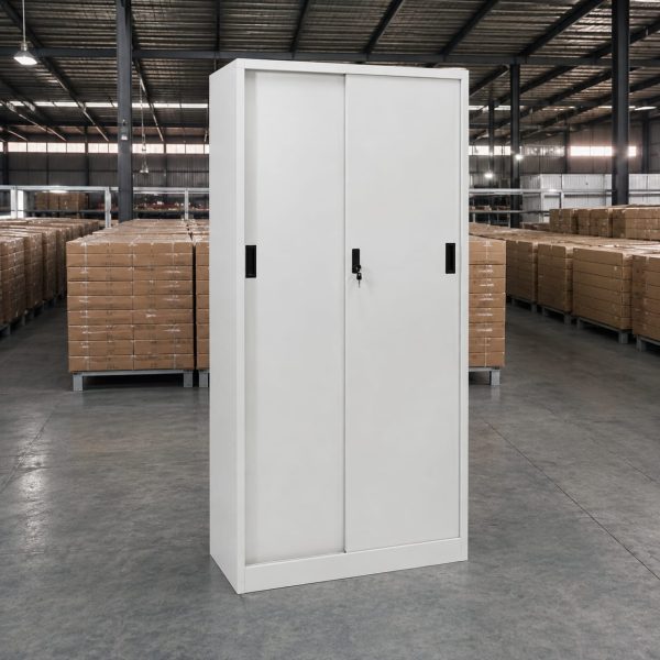 Armoire de bureau métallique 180 cm – 2 portes coulissantes – Gris clair
